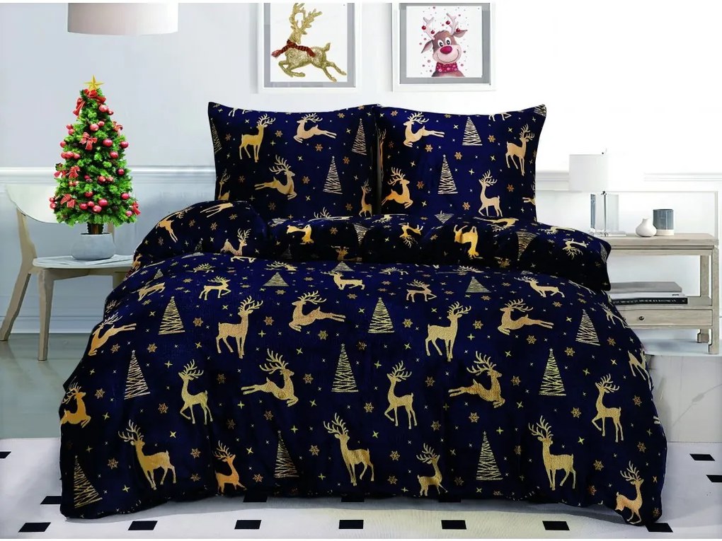 2x lenjerie de pat din microplus GOLDEN DEER albastru inchis + cearsaf din microplus SOFT 180x200 cm negru