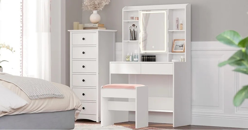 Masuta machiaj cu Oglinda LED si 2 Sertare pentru Cosmetice, Set Masa toaleta 90 cm, Alb, masuta cosmetica, vanity cu sau fara Priza, cu sau fara