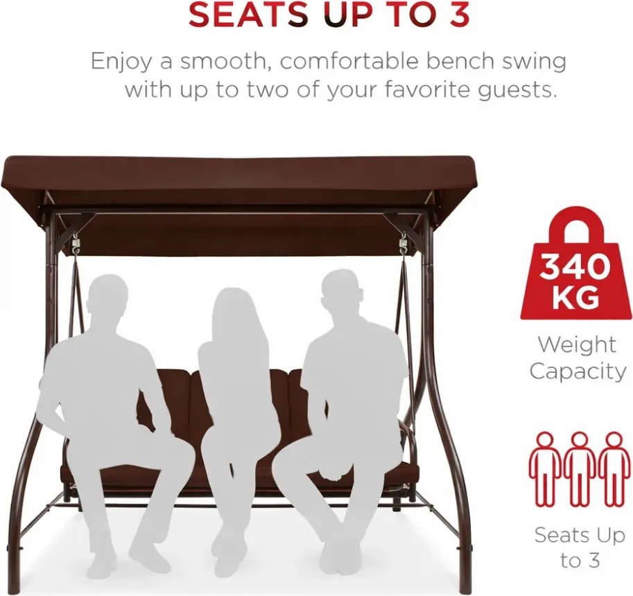 Leagan de grădină, șezlong tip pat, 3 locuri, copertina reglabila, cadru otel, 194x120x173 cm, Maro