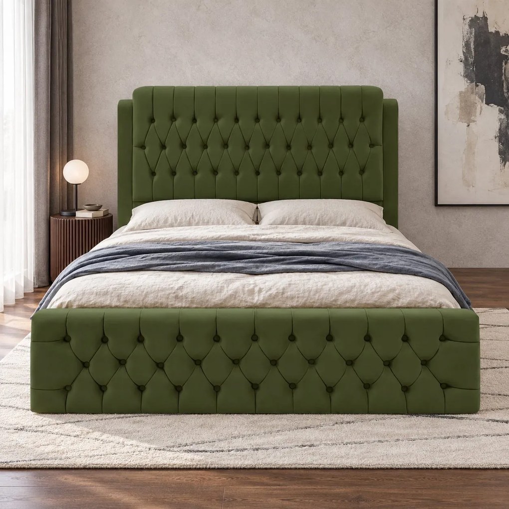 Pat tapițat din catifea Aveline 140×200 cm, kaki, cu ladă de depozitare