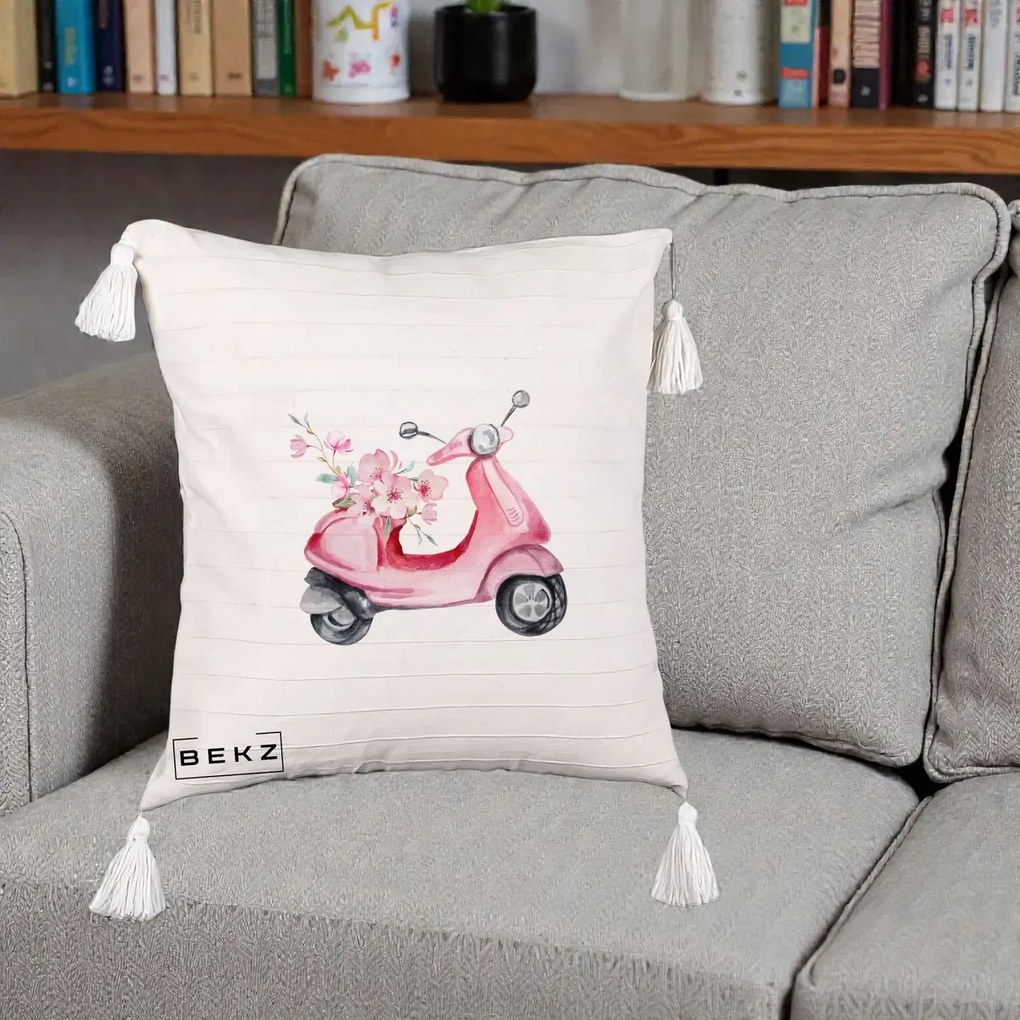 Perna Decorativa Scuter Roz cu Flori Acuarela, 40x40 cm, Bej cu Franjuri, Husa Detasabila, Perna Inclusa, BEKZ®
