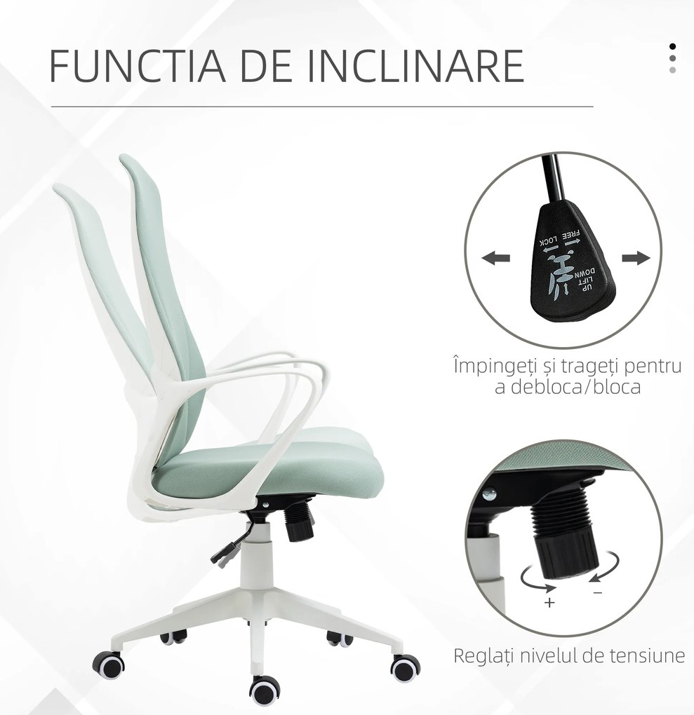 Vinsetto Scaun de birou ergonomic, cu înălțime ajustabilă și balans, 62x56x110-119,5 cm, verde | Aosom Romania