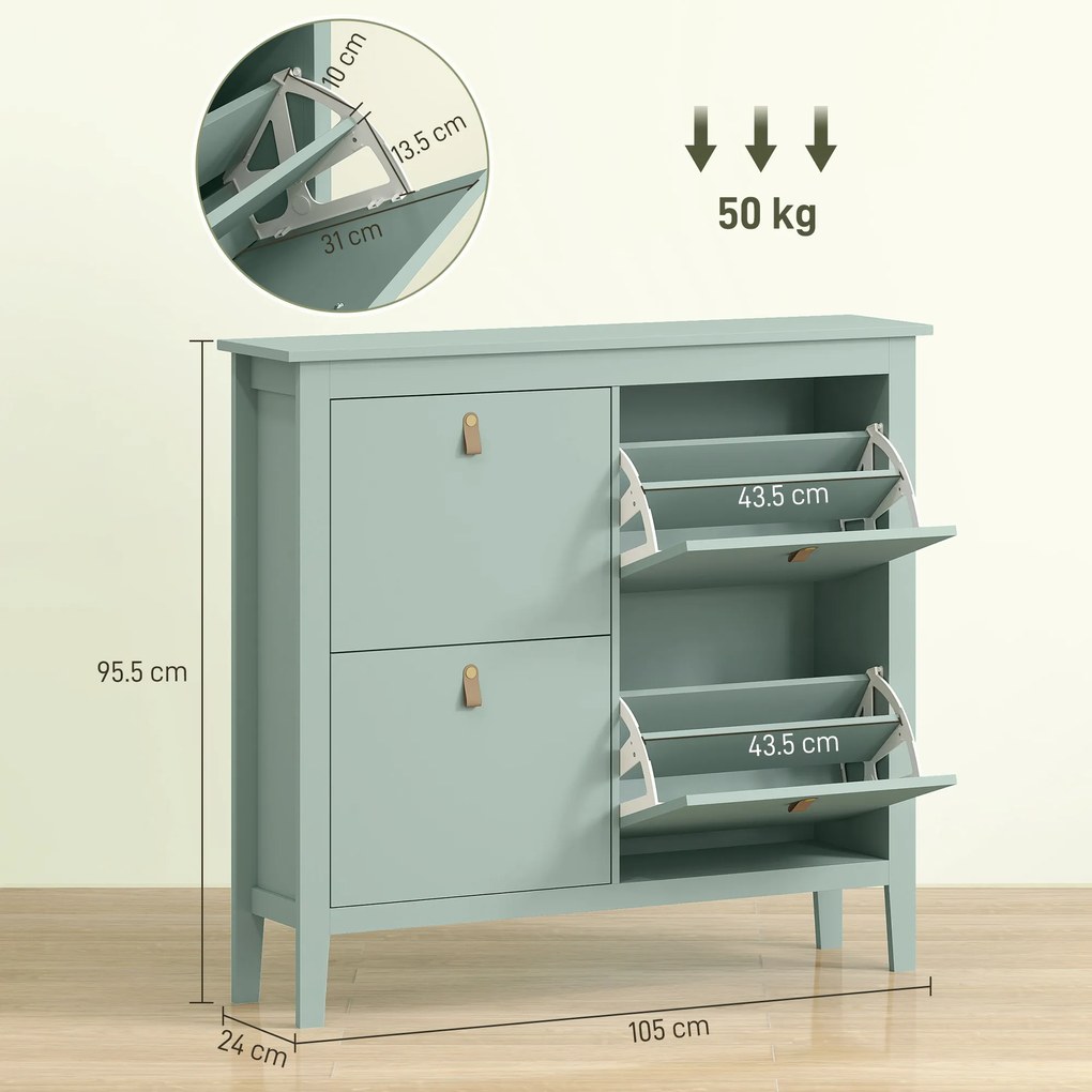 HOMCOM Comodă pentru pantofi 20 perechi, dulap pantofi cu 4 sertare rabatabile, rafturi detașabile și ajustabile, verde | Aosom Romania