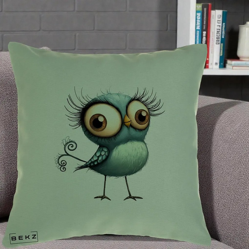 Perna Decorativa Pasare Teal cu Gene si Coada Spiralata, 40x40 cm, Verde, Husa Detasabila, Perna Inclusa, BEKZ®