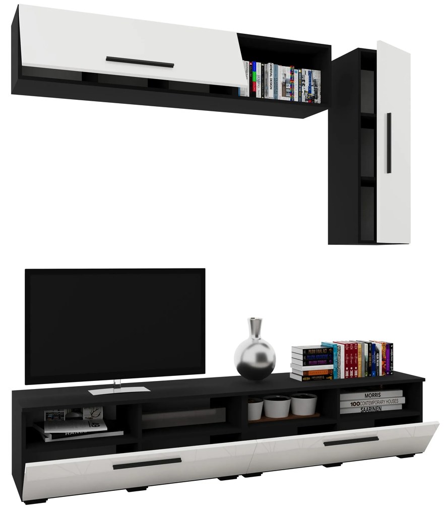 Living Kos V13, Negru/Alb Lucios, MDF, L 190 cm