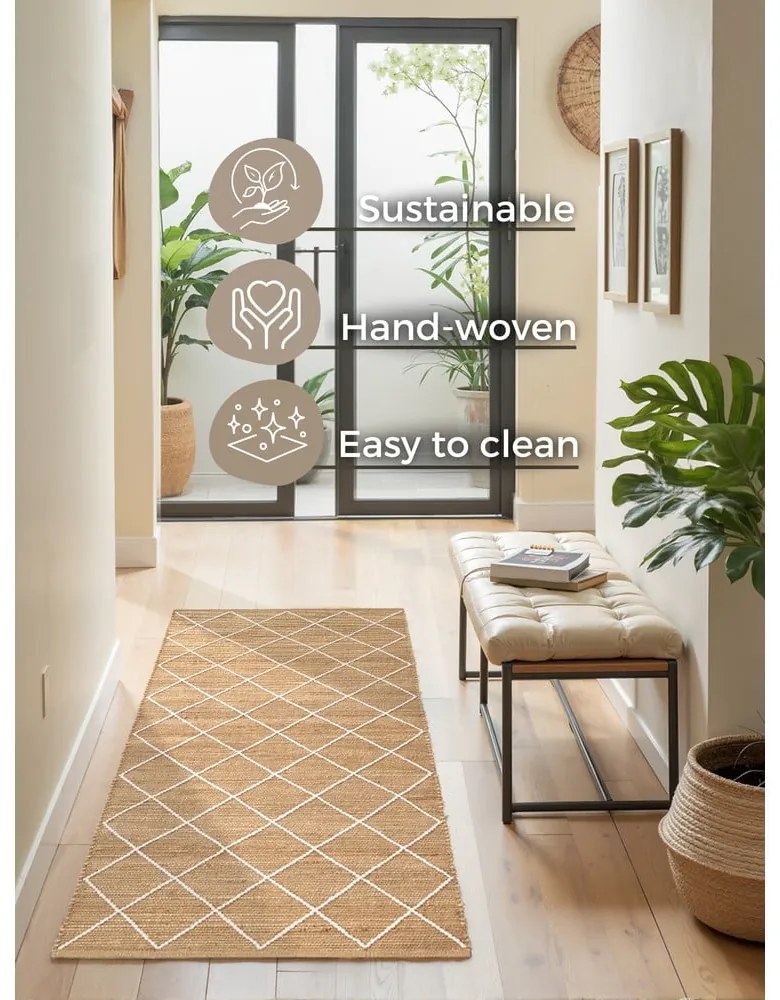 Covor tip traversă în culoare naturală țesut manual din iută 80x200 cm Kunu – Hanse Home