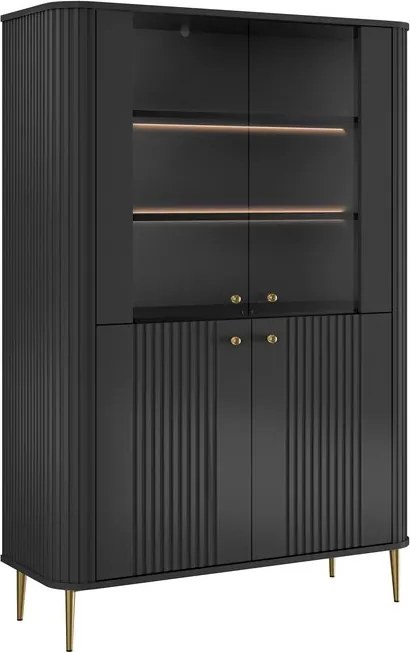 Vitrină Vesper 103 cm cu 4 uși - negru / picioare aurii