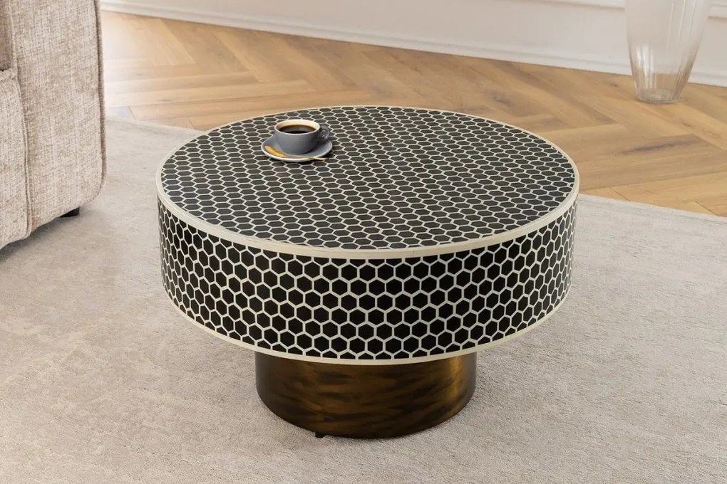 Masuta de cafea rotunda, Mozaic incrustat, Alb-Negru, HARMONY NATURE 60cm