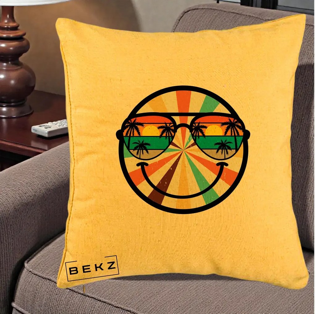 Perna Decorativa Smiley Face Retro Sunset Palmieri, 40x40 cm, Galben, Husa Detasabila, Perna Inclusa, BEKZ®
