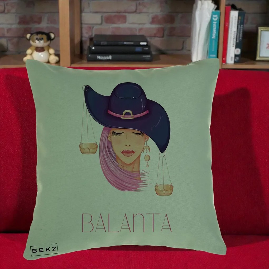 Perna Personalizata Zodiac Balanta Cowgirl, 40x40 cm, Verde, Husa Detasabila, Perna Inclusa, BEKZ®