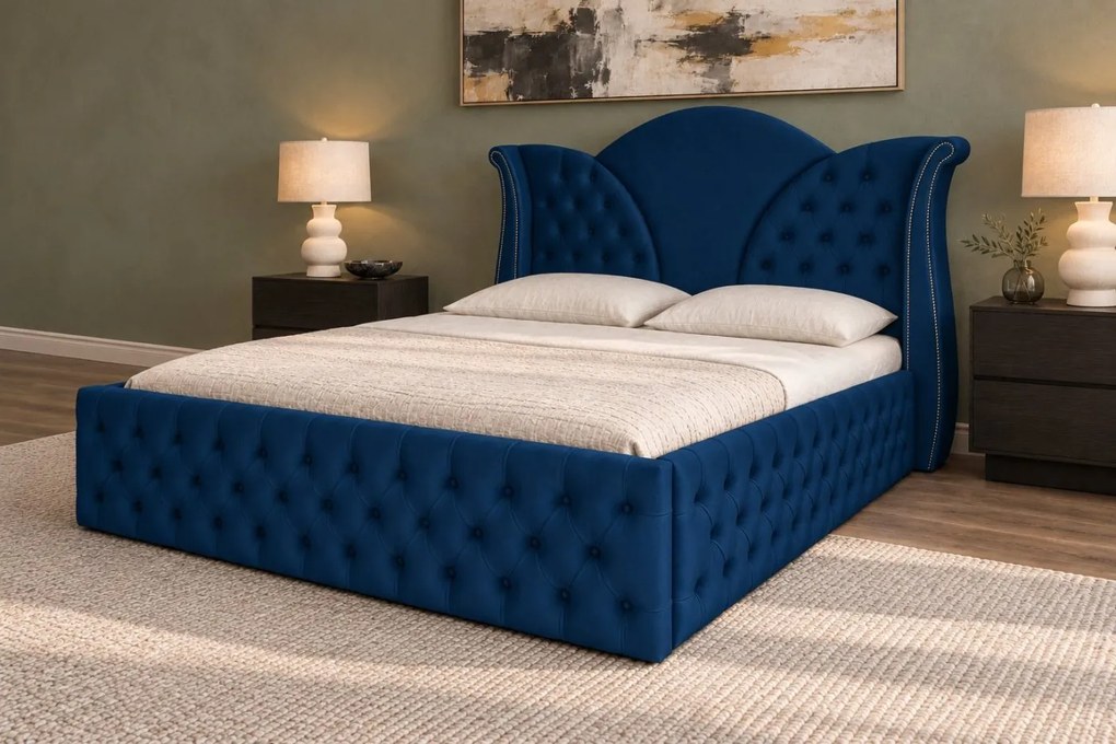 Pat tapițat Chesterfield din catifea Velora Deluxe Classic 160×200 cm, bleumarin, cu ladă de depozitare
