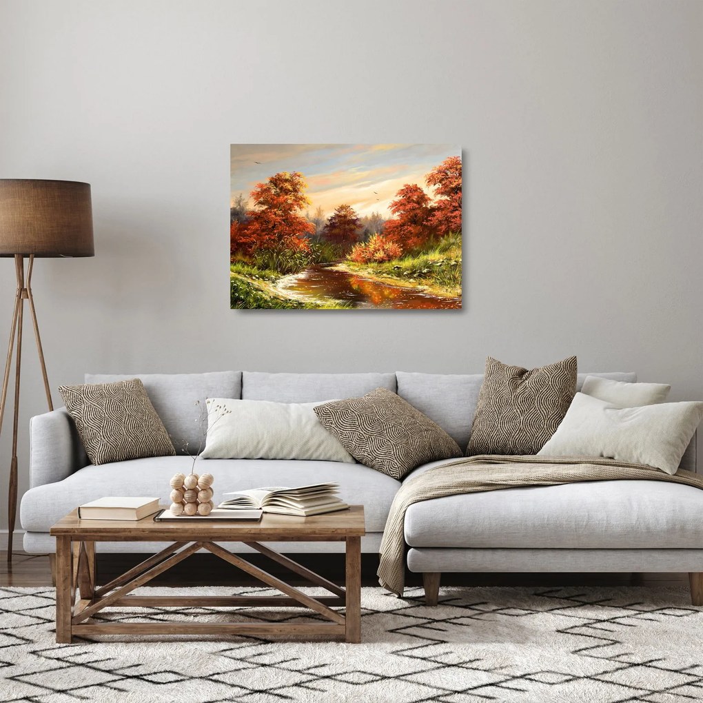 Tablou pe sticlă - Râu în peisaj de toamnă (70x50 cm)