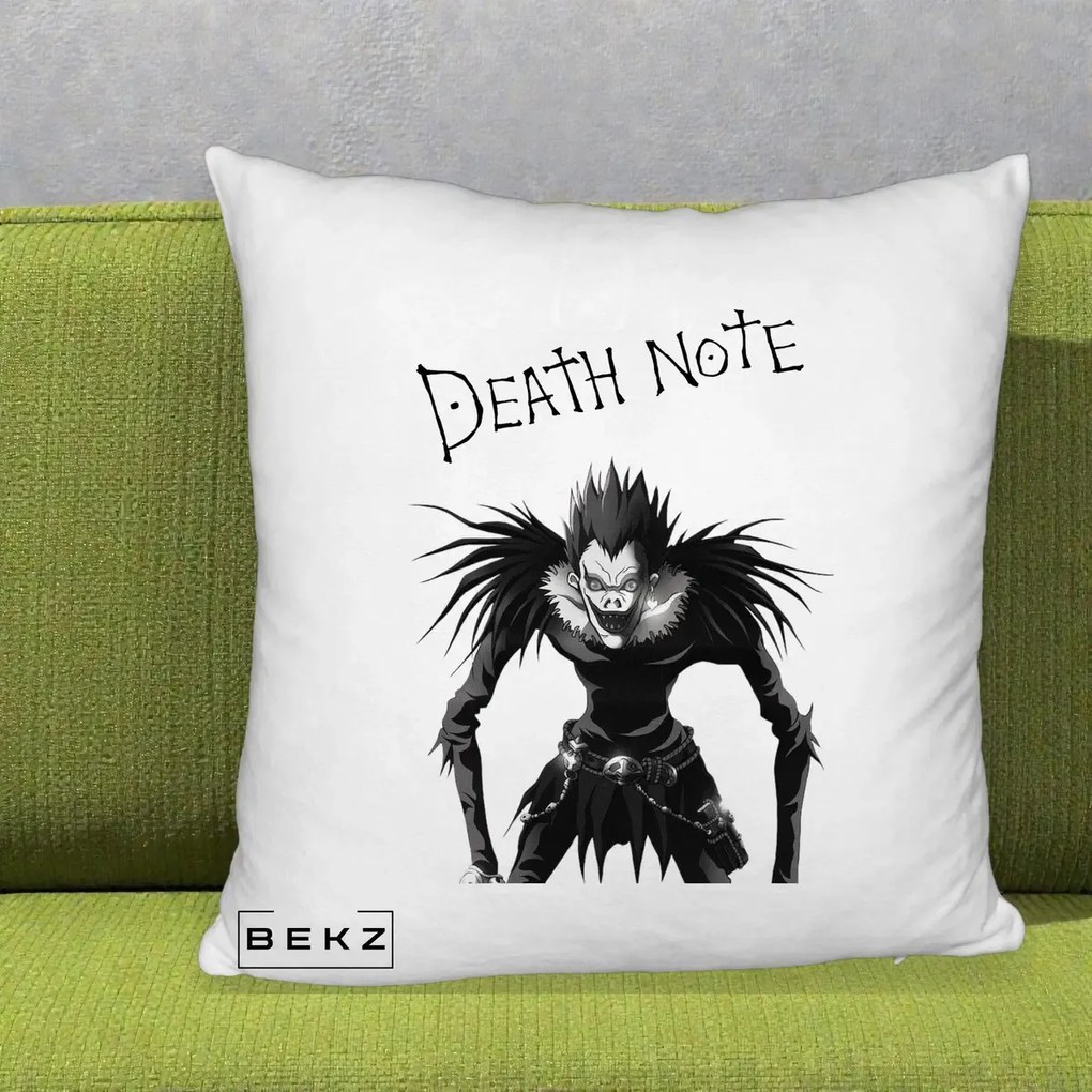 Perna Personalizata Death Note Ryuk Shinigami Alb-Negru, 40x40 cm, Alb Pufos, Husa Detasabila, Perna Inclusa, BEKZ®