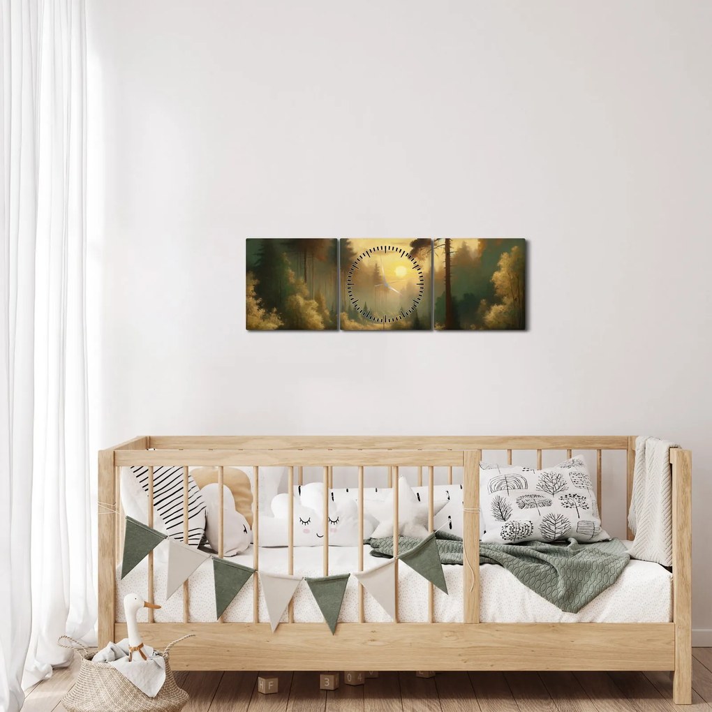 Tablou - Soare strălucind prin pădure (cu ceas) (90x30 cm)