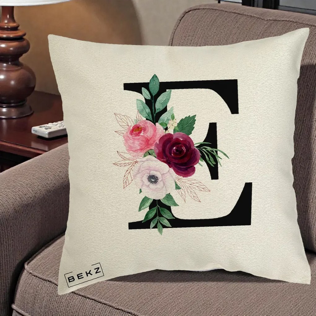 Cadou Personalizat - Perna Personalizata Monograma Florala Litera E, 40x40 cm, Ecru, Husa Detasabila, Perna Inclusa, BEKZ®