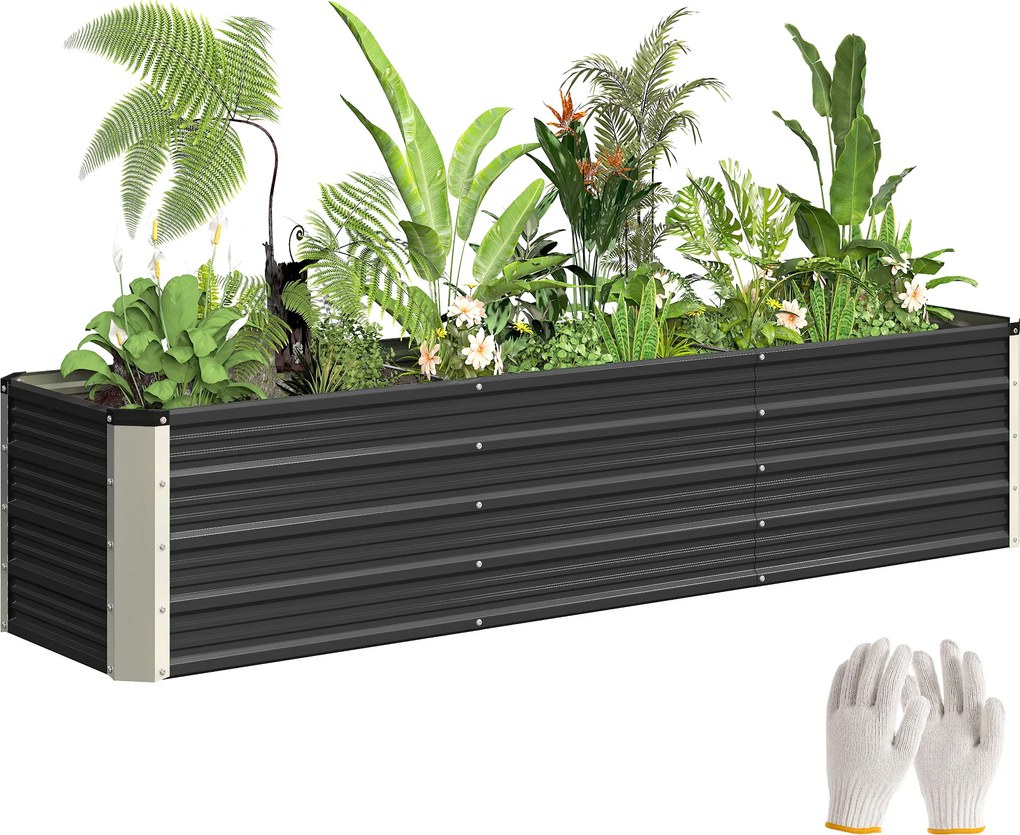 Outsunny Jardiniță înălțată din oțel cu mănuși, pat pătrat pentru grădină pentru flori, ierburi, legume, 183 x 47 x 40 cm, gri | Aosom Romania