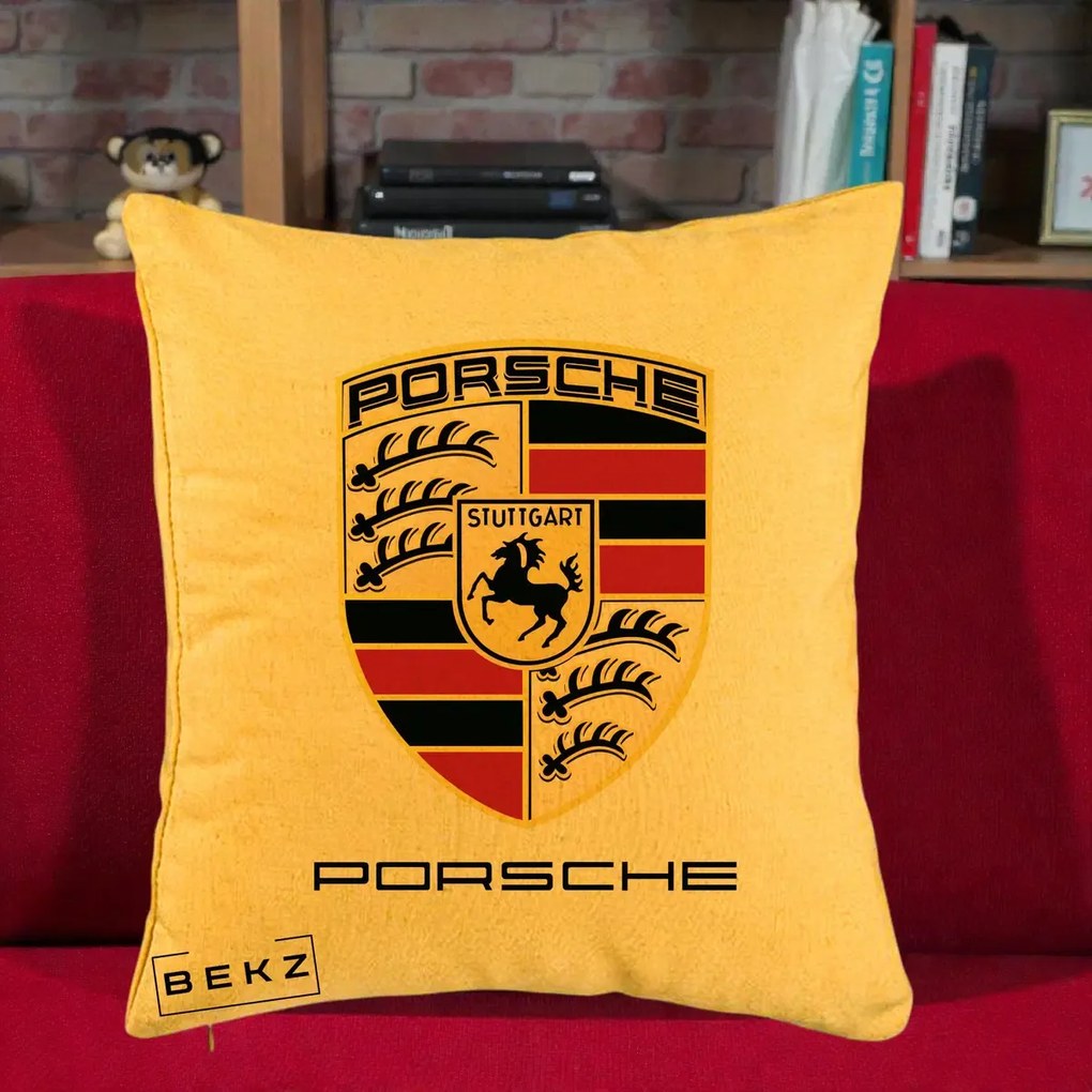 Perna Personalizata Porsche Stuttgart, 40x40 cm, Galben, Husa Detasabila, Perna Inclusa, BEKZ®