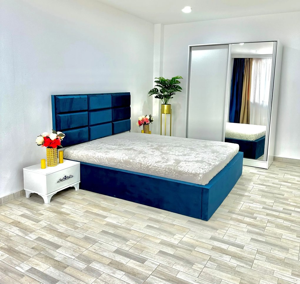 Dormitor Roma, culoare albastru / alb, cu pat Roma 160 x 200 cm, dressing Erika si 2 noptiere Viena