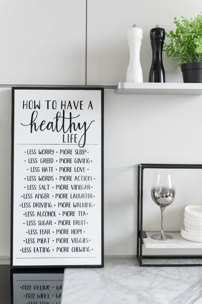 Decoratiune de perete Health Life, Lemn, Alb Negru, 32.2x4x4 cm