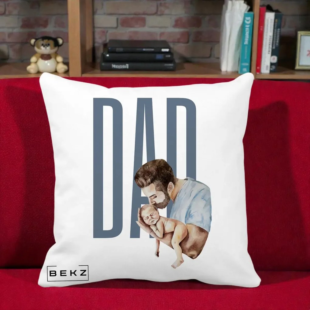 Cadou pentru Tata - Perna Personalizata DAD Tata si Nou-Nascut, 40x40 cm, Alba Mata, Husa Detasabila, Perna Inclusa, BEKZ®