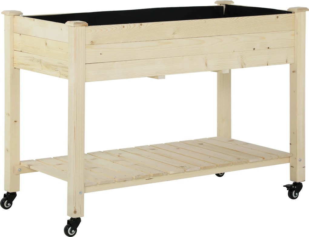Outsunny Pat Grădină Legume Înălțat Lemn cu Roți, Jardiniera Înălțată cu Raft Inferior, 118x55x83cm, Natural | Aosom Romania