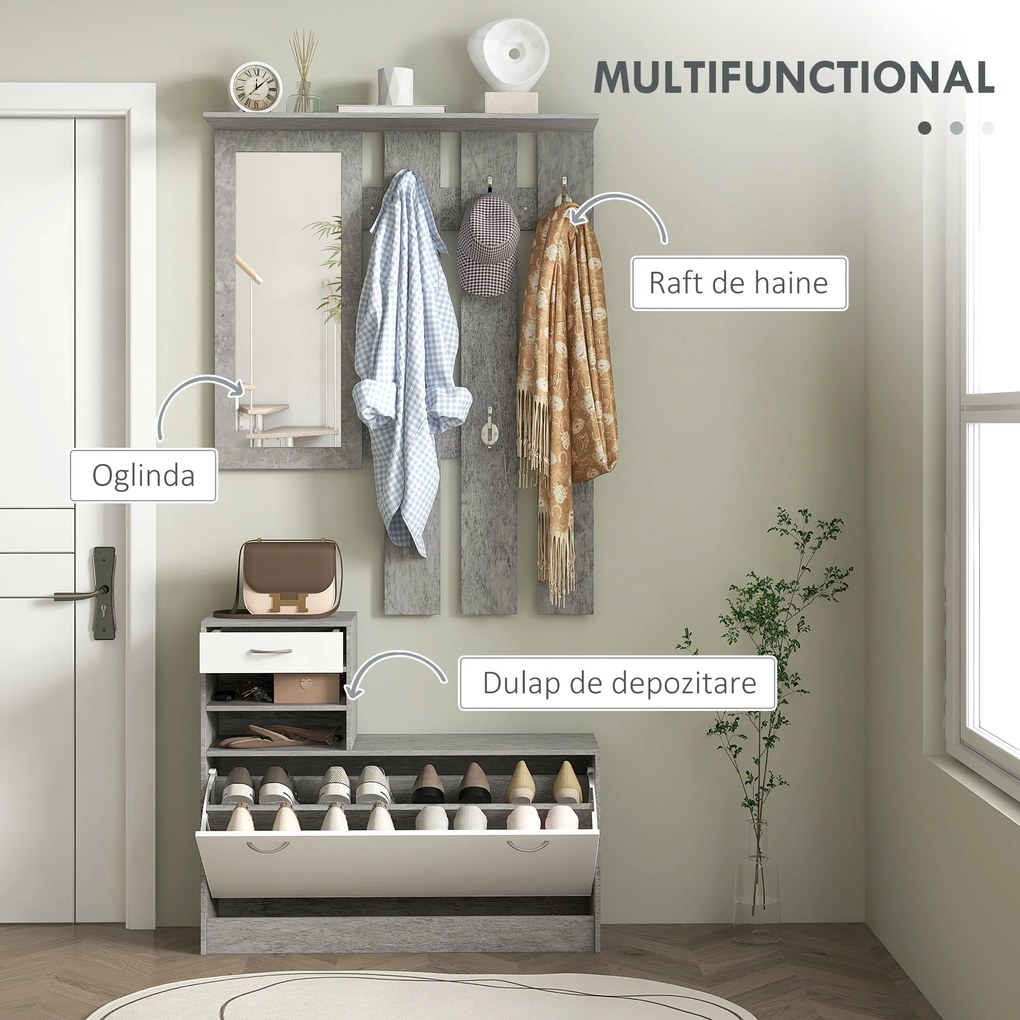 HOMCOM Mobilier Hol, 3 piese, cu Raft pentru Haine, Oglindă, 6 Cârlige, 2 Rafturi și Sertare, 90x24x177 cm, Gri | Aosom Romania