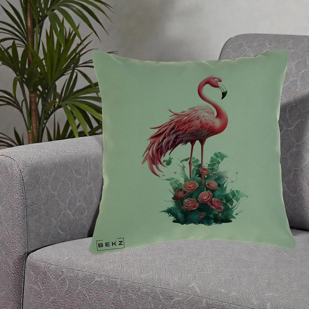 Perna Decorativa Flamingo cu Trandafiri Tropicali, 40x40 cm, Verde, Husa Detasabila, Perna Inclusa, BEKZ®