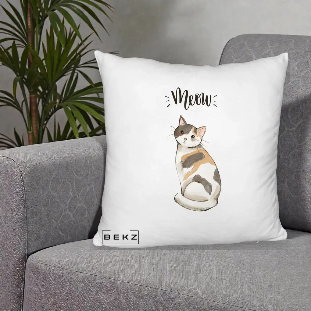 Perna Personalizata Pisica Meow Acuarela, 40x40 cm, Alb Pufos, Husa Detasabila, Perna Inclusa, BEKZ®