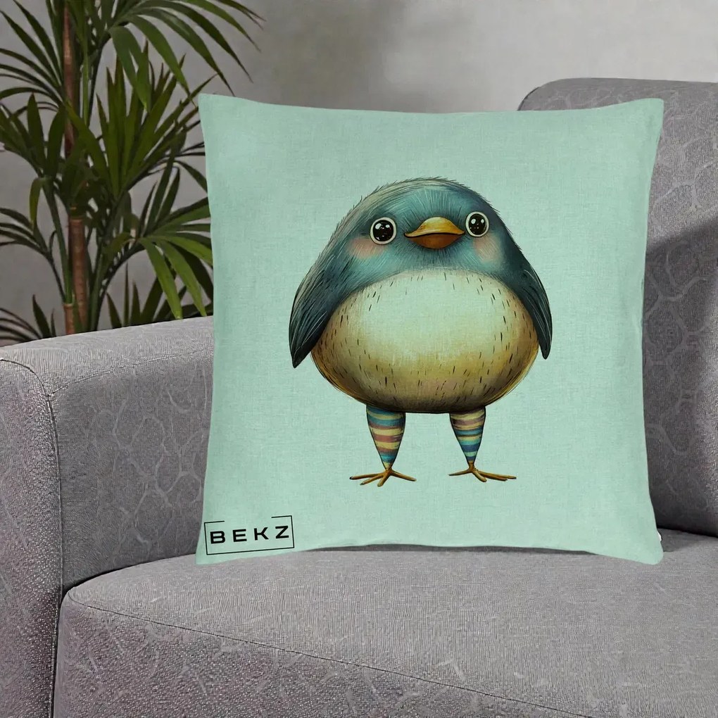 Perna Decorativa Pasare Teal-Bej cu Sosete Curcubeu, 40x40 cm, Verde Menta, Husa Detasabila, Perna Inclusa, BEKZ®