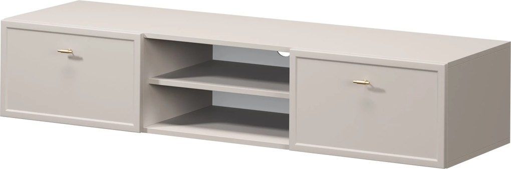Comodă TV suspendată Lorini 150 cm cu sertare - culoare cașmir / mânere aurii tip T-bar