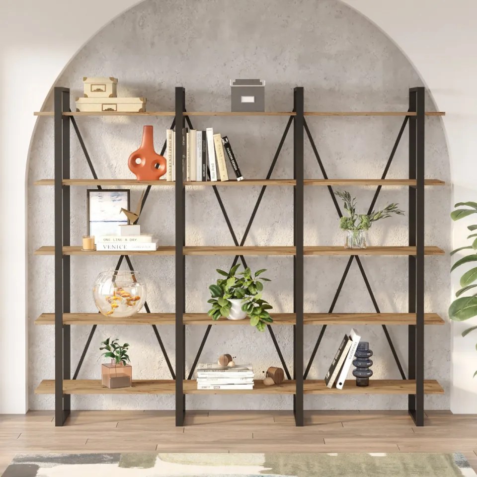 Biblioteca Living ML4 - A, PAL Melaminat / Metal, Pin Atlantic / Negru