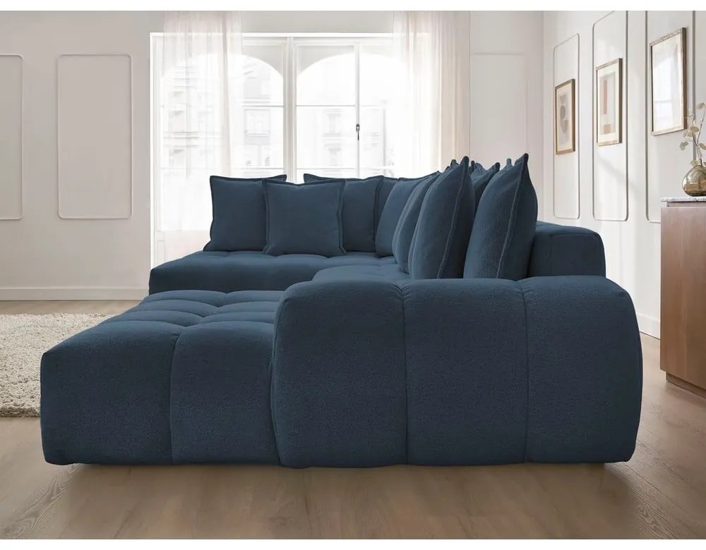 Colțar albastru închis extensibil/cu spațiu de depozitare cu tapițerie din chenille (cu colț pe partea stângă/în formă de "U") Everest – Bobochic Paris