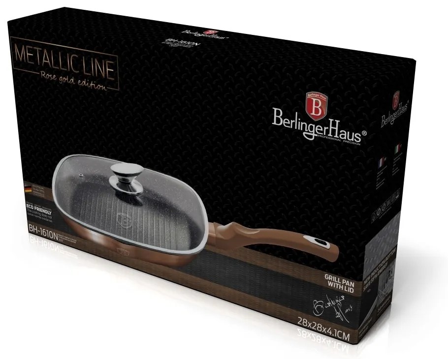 RESIGILAT - Tigaie grill marmorata cu capac, 28 cm Rose Gold Berlinger Haus BH 1610N
