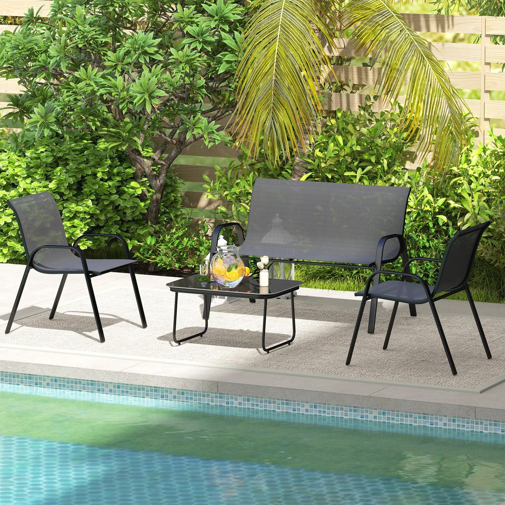 Outsunny Set Mobilier de Grădină din 4 Piese cu Canapea, 2 Scaune Stivuibile și Măsuță de Cafea, 113x66x79 cm, Negru | Aosom Romania