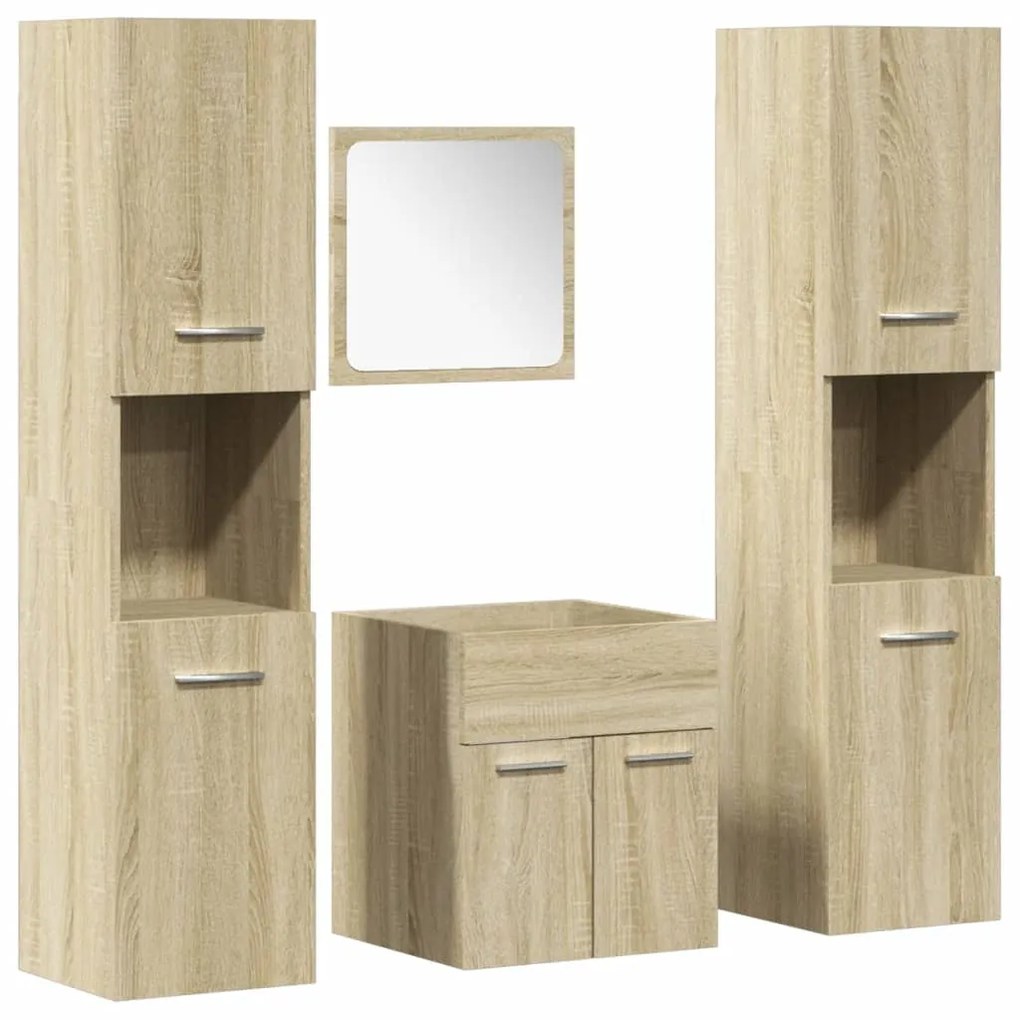 3324998 vidaXL Set mobilier de baie, 4 piese, stejar sonoma, lemn prelucrat