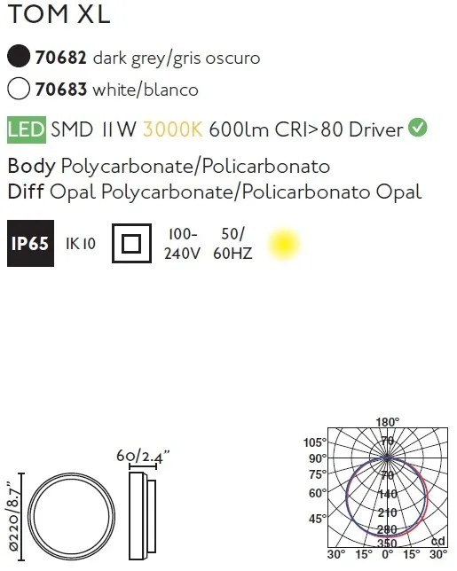 Aplica LED de perete / tavan pentru exterior IP65 TOM XL alba