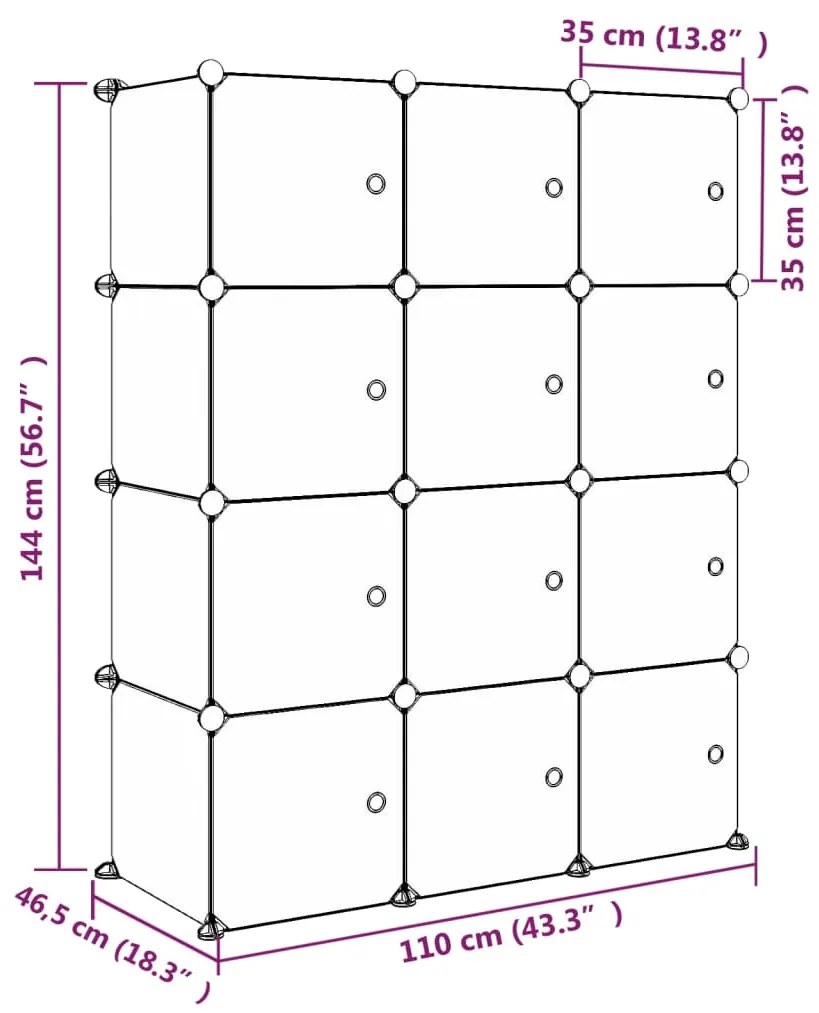 Dulap de depozitare cub pentru copii, 12 cuburi, roz, PP Roz, 110 x 46.5 x 144 cm, 1, 1