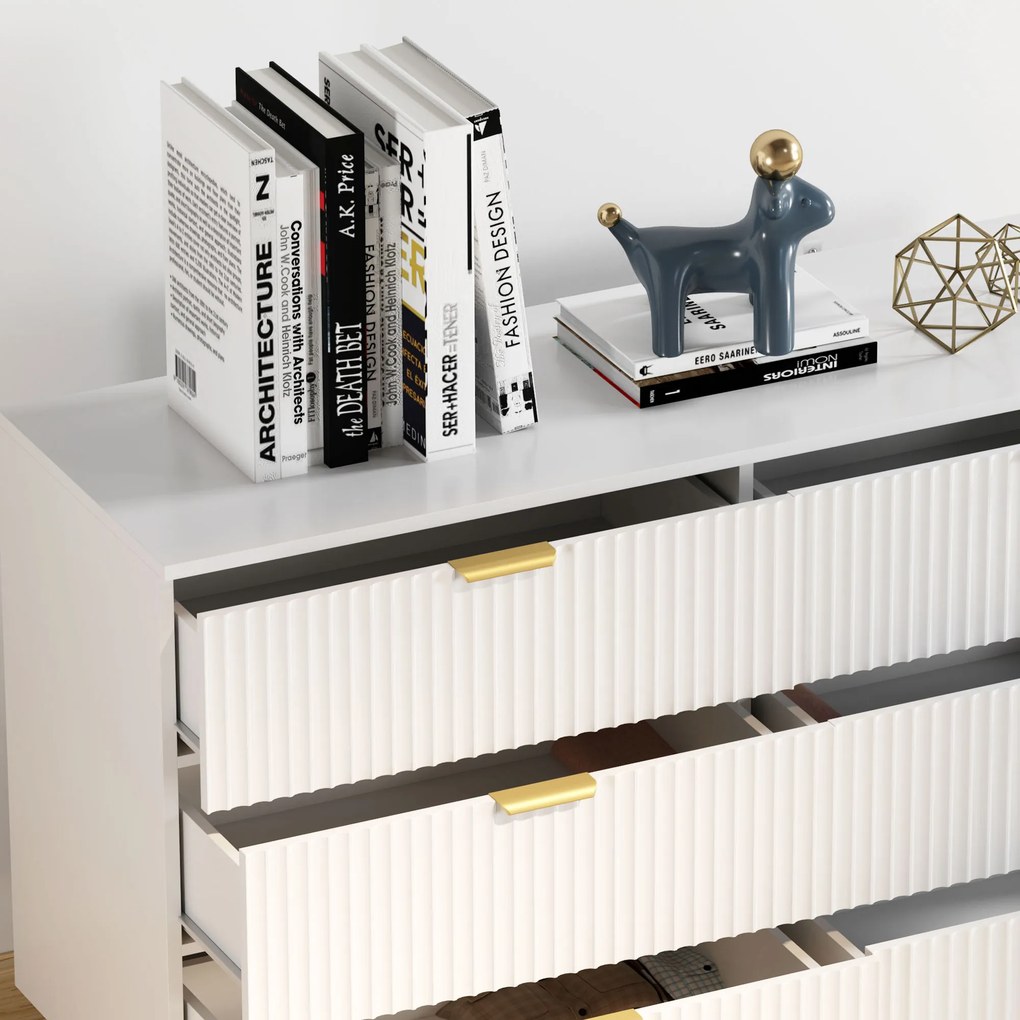 HOMCOM Comodă 6 sertare comodă cameră mobilier de depozitare modernă cu mânere și picioare aurii, 120 x 40 x 76,5 cm, alb | Aosom Romania