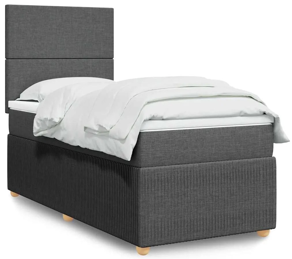 vidaXL Pat box spring cu saltea, gri închis, 90x200 cm, textil