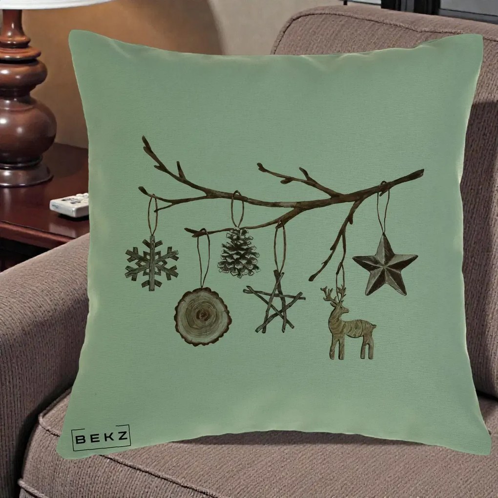 Perna Decorativa Ornamente de Lemn pe Ramura, 40x40 cm, Verde, Husa Detasabila, Perna Inclusa, BEKZ®