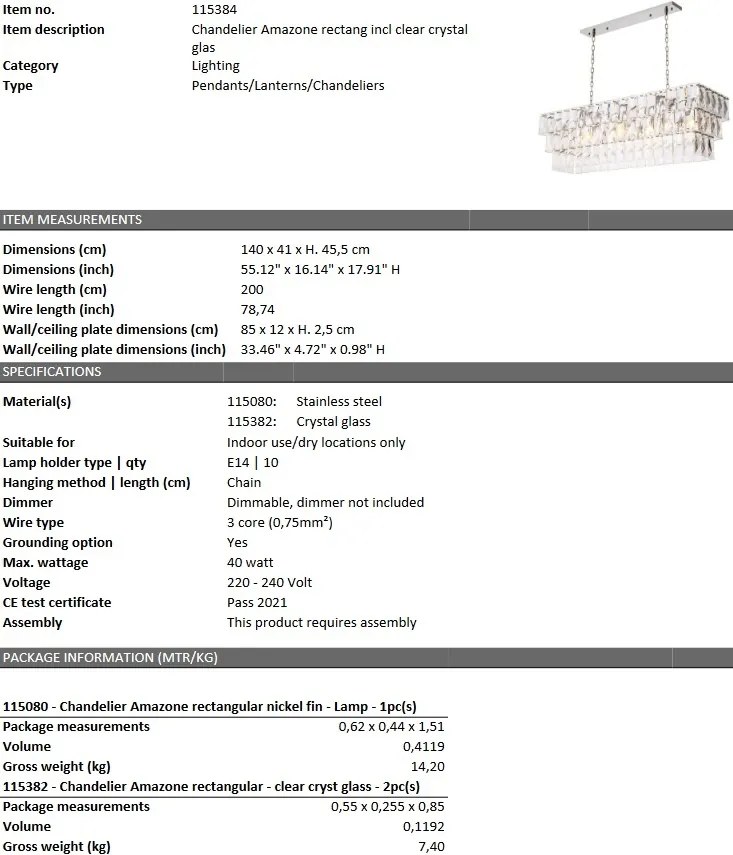 Lustra suspendata design LUX Amazone Rectangular, nickel 115384 HZ