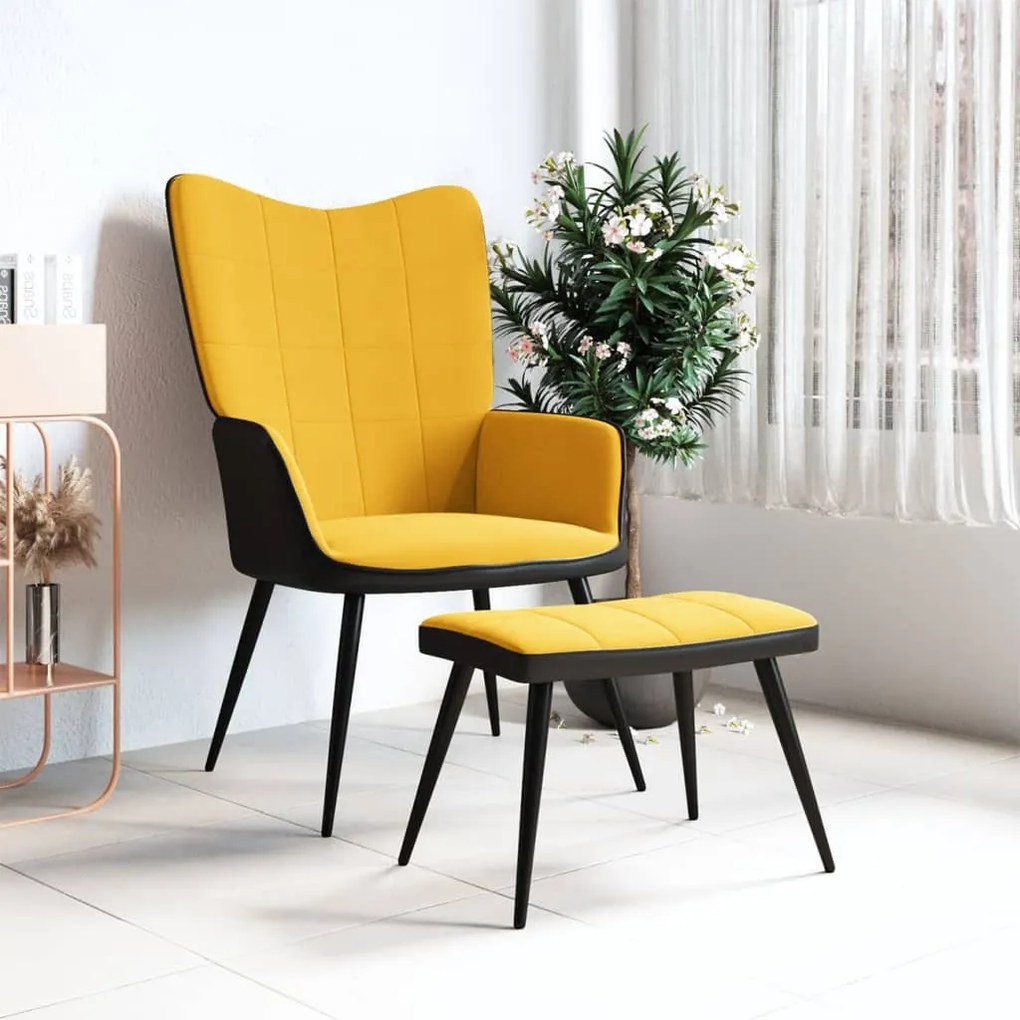 327827 vidaXL Scaun de relaxare cu taburet, galben muștar, catifea și PVC