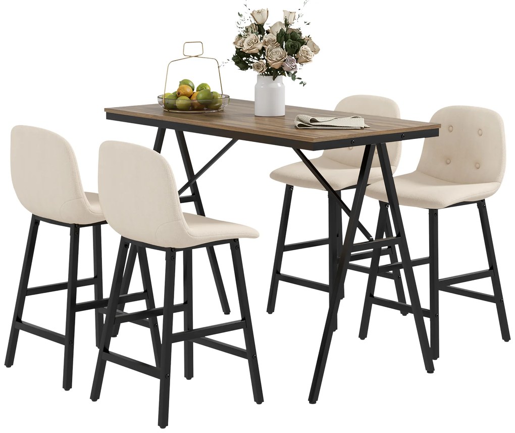 HOMCOM Set de bar format din 5 piese, masă și 4 scaune, tapițerie cu buton, spumă groasă, design cu aspect de in, bej | Aosom Romania