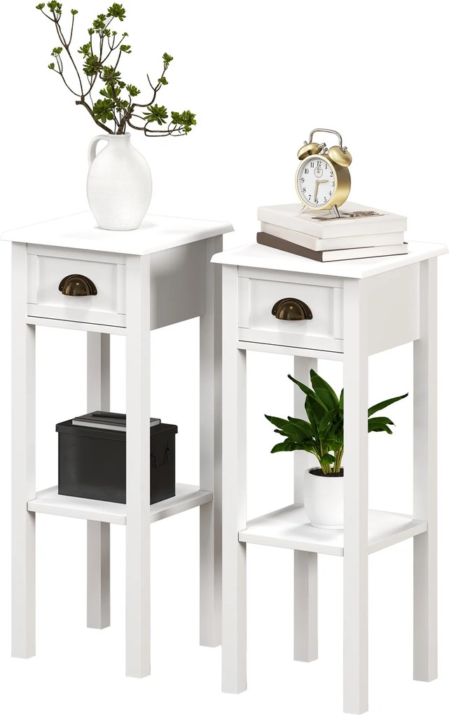 HOMCOM Set de 2 măsuțe laterale Masă de noptieră stil sofisticat cu sertar, etajeră inferioară, 30 x 30 x 75 cm, alb | Aosom Romania
