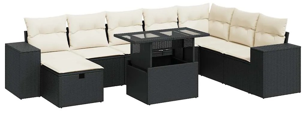 3327956 vidaXL Set mobilier de grădină cu perne, 9 piese, negru, poliratan