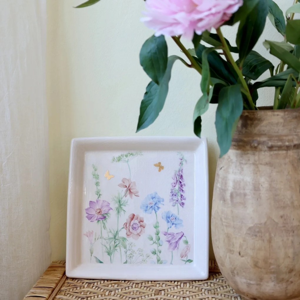 Tavă din ceramică crem cu model floral „Papillon”