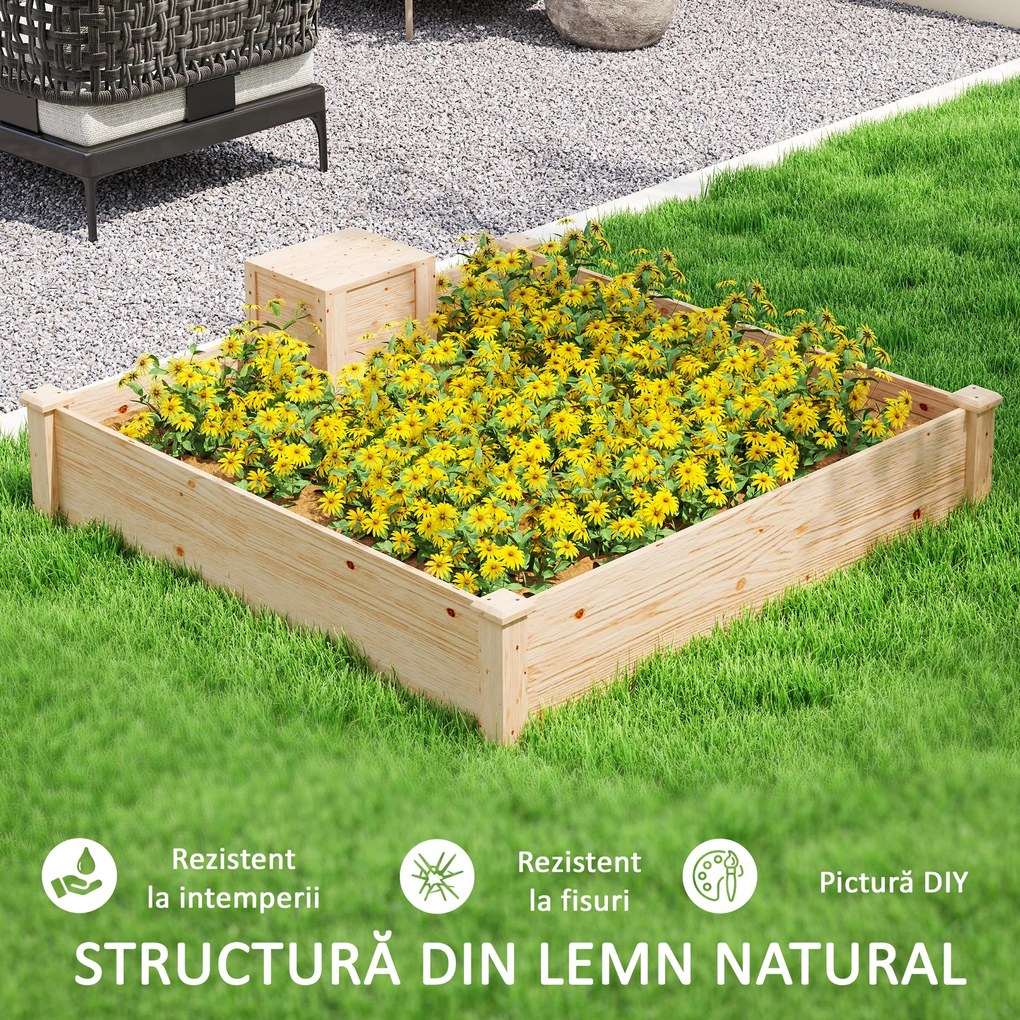Outsunny Jardinieră de Exterior cu Compostor și Bază Deschisă din Lemn de Brad, 123x123x25,5 cm, Lemn Natural | Aosom Romania