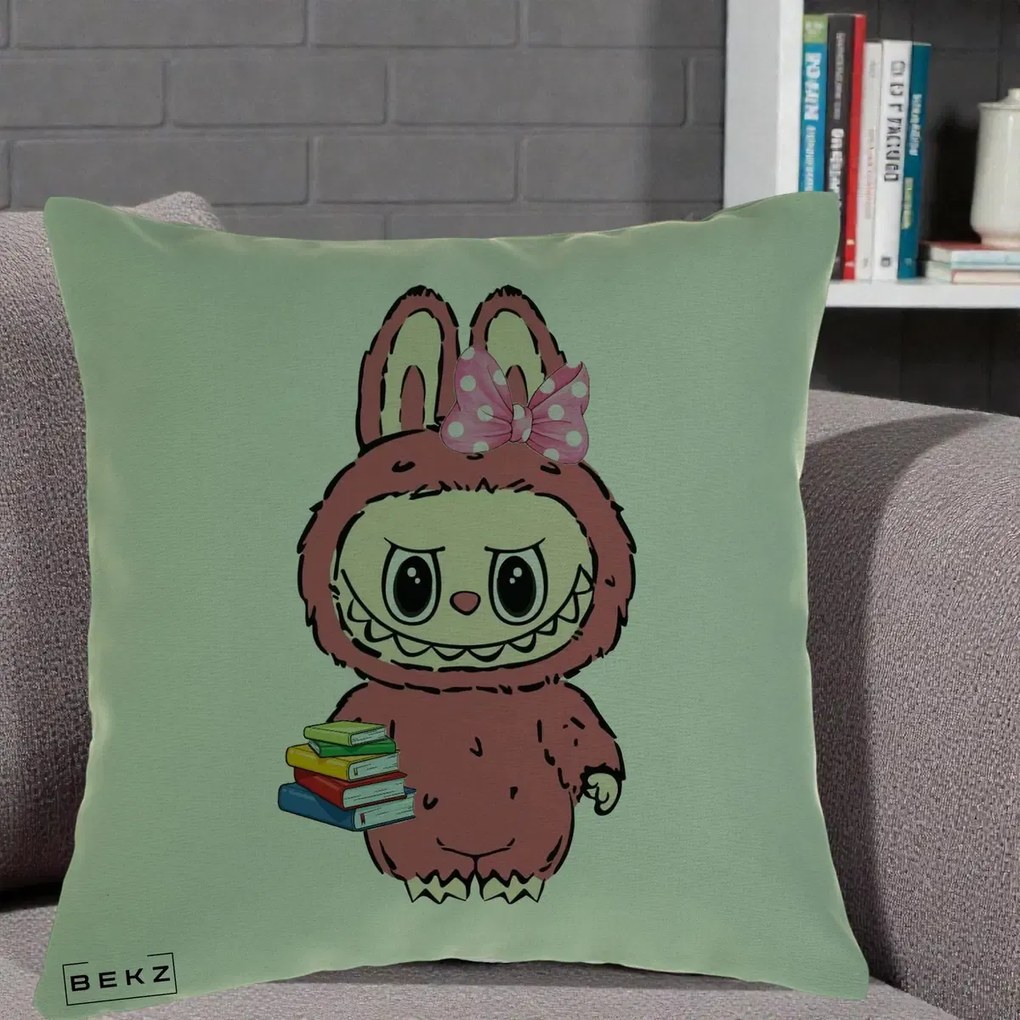Perna Personalizata Labubu Roz cu Funda si Carti, 40x40 cm, Verde, Husa Detasabila, Perna Inclusa, BEKZ®