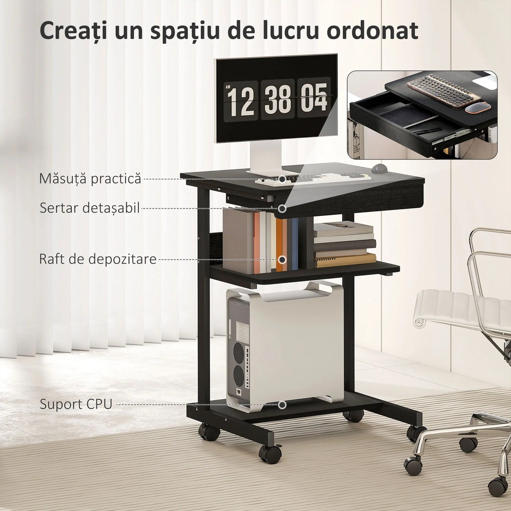 HOMCOM Birou PC cu Sertar Glisant și 2 Rafturi Deschise Negru | Aosom Romania