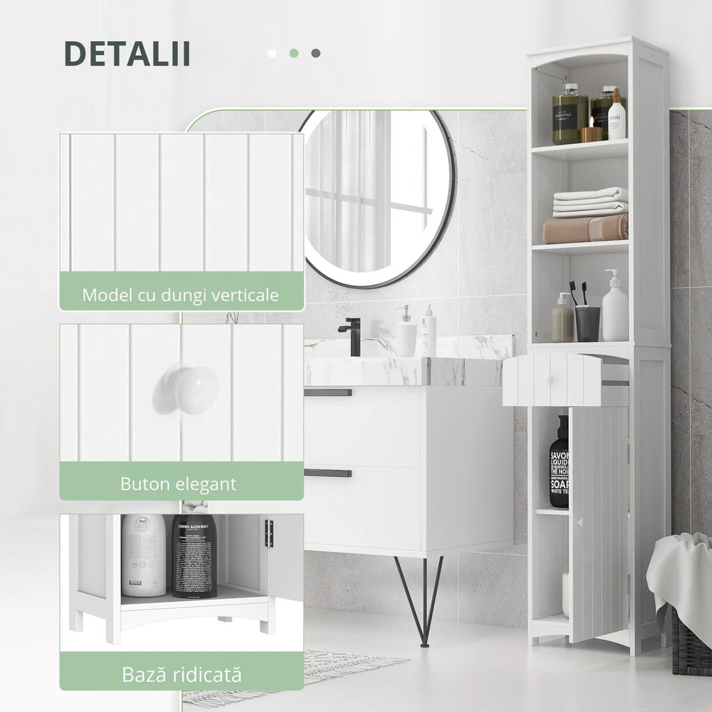 HOMCOM Dulap Înalt de Baie  cu 3 Rafturi din MDF, 34x24x170 cm, Alb | Aosom Romania